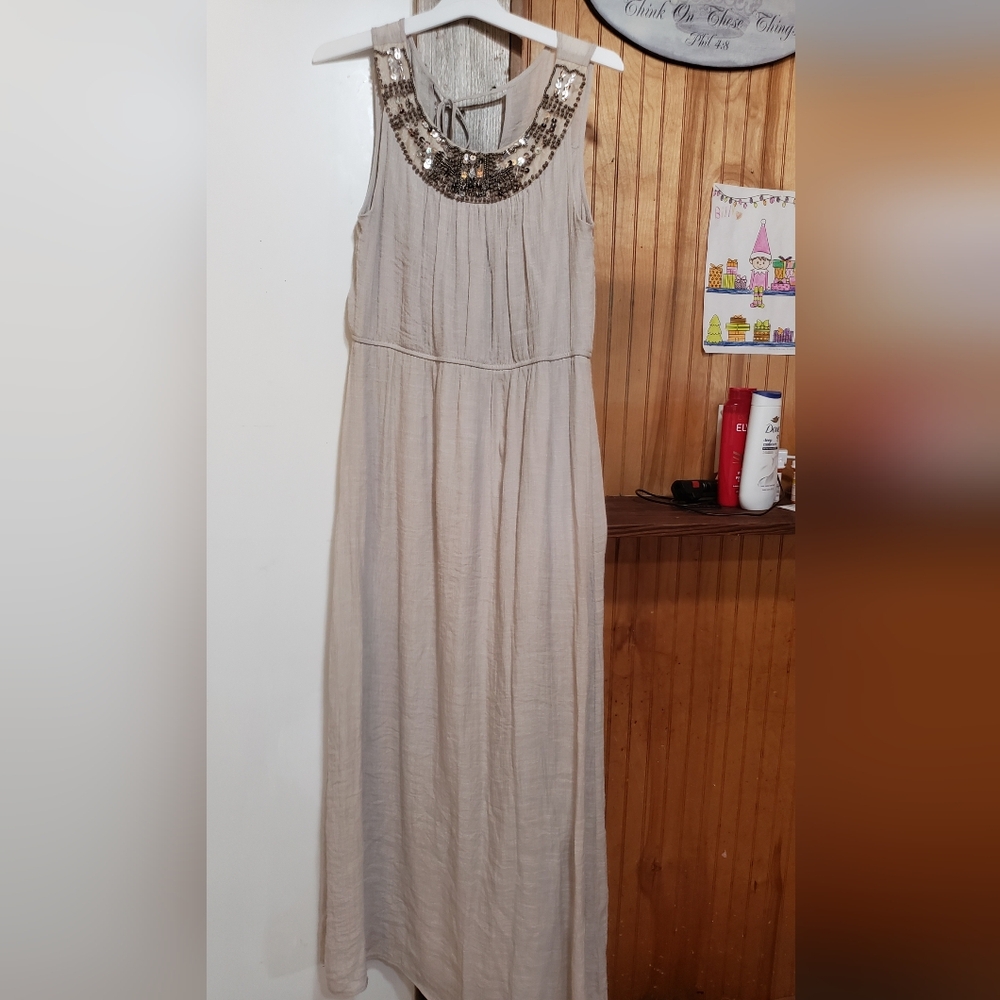 Maxi Dress XL beige Slip Lining Beaded Neckline